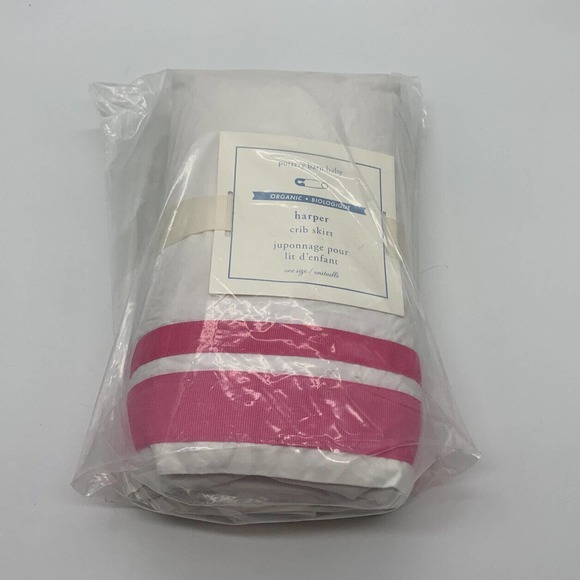 NEW Pottery Barn Baby ORGANIC Harper Crib Skirt WHITE + BRIGHT PINK - Picture 1 of 4